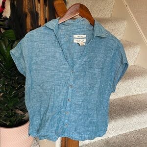 Rachel Zoe Pure Linen Teal Boxy Button-Up Beach Top